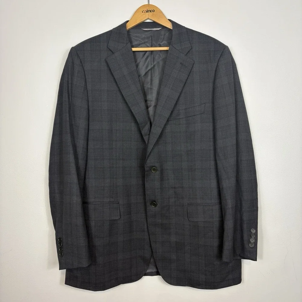 Canali Impeccabile Blazer US‎ 44L 100% Wool Gray Plaid Italy Sport Coat